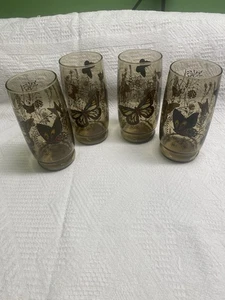 Vtg 70’s Libbey Smokey Brown Butterfly Meadow 6” Drinking Glasses set of 4 MINT - Picture 1 of 3