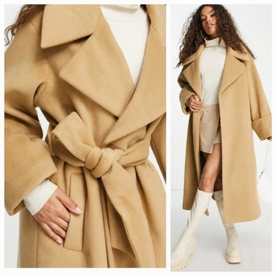 NUEVO CON ETIQUETAS ASOS Abrigo Elegante Cepillado Cinturón Gran Tamaño Grueso 3/4 Talla 4 o 6 Foto 1 de 4
