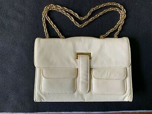 Vintage Block White/Cream Patent Leather Retro Purse, Gold Chain   50+ years old