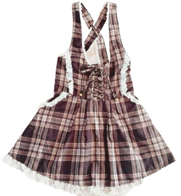 LIZ LISA Check Jumper skirt  Brown Lace Ribbon Heisei Gal Used Japan one piece - Image 1 of 4
