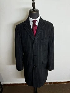 Vintage mens Coat bespoke Classic german Black Striped over coat 44L US - Picture 1 of 24