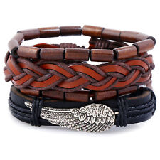 Tribal Wood Beads Angel Wing Leather Mens Womens Wristband Bracelet 4pcs Set