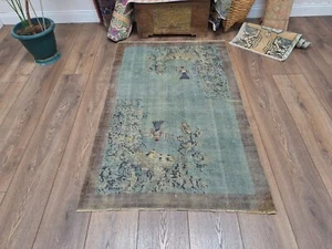 Alfombra azul vintage, alfombra turca tejida a mano, alfombra de diseño vintage para el hogar 3,3 x 5,4 pies - Imagen 1 de 10