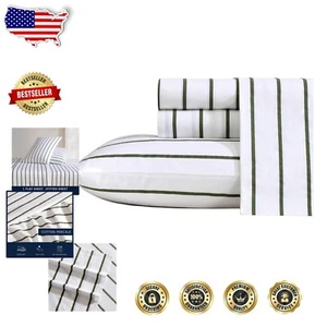 Luxury Full Cotton Percale Bedding Set - Oeko-Tex Certified Brenton Stripe Ivory - Picture 1 of 9