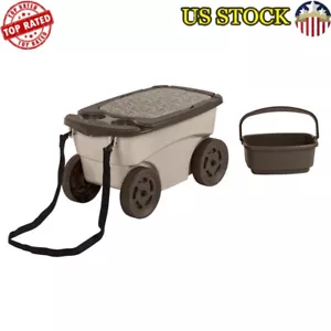 Outdoor Garden Scooter Rolling Seat W/ Storage Bin Kneeling Pad Cup Holders New - Picture 1 of 13