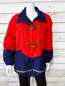 Obermeyer Womens Hooded Jacket Size 10 Red & Blue Full Zip Buttons Long Sleeve - Picture 1 of 10