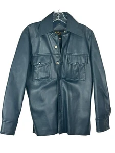 VTG Cortini 1970s Vegan Leather Blue PVC Jacket Men's SMALL Disco Faux Vinyl - Picture 1 of 9