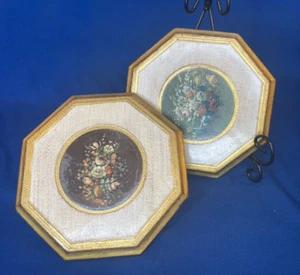 Vintage italienische Florentiner vergoldete Holz Plaketten Wandbild Achteck Blumendruck - Bild 1 von 13