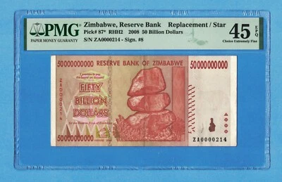 50 mil millones de dólares Zimbabwe 2008 P87* PMG 45 EPQ estrella de repuesto bajo número 214 Foto 1 de 4