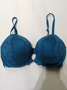 NWOT Victorias Secret Sexy Fashion Show RHINESTONE Lace Bra Teal Turquoise 32D - Picture 1 of 4