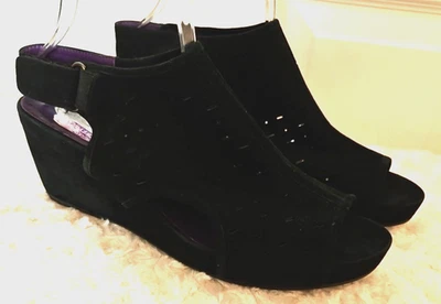 Van Eli Womens Size 11M Black Suede Perforated Wedge Sandals Slingbacks Peeptoe - Image 1 of 4
