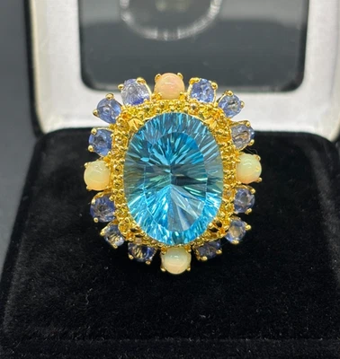 Anillo de plata 925 y oro de 24 quilates chapado en topacio azul, zafiro y ópalo certificado 14,67 g Foto 1 de 4