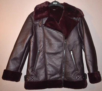 WOMENS M&S FAUX SUEDE AVIATOR BIKER STYLE JACKET BERRY SIZE 12 - NEW NO TAG - Image 1 of 4
