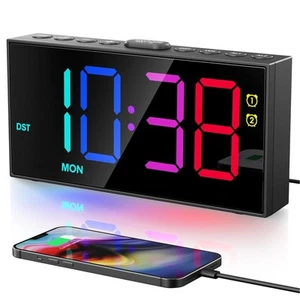 Digital RGB Alarm Clock 10 Colors USB A&C Port Weekend Mode Heavy Sleepers - Picture 1 of 7