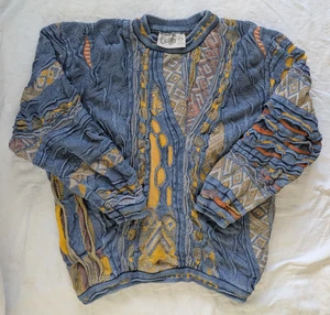 "Coogi Blues" Chunky 3D Knit Sweater Blue Yellow Gold Size Large, 100% Cotton - Picture 1 of 8