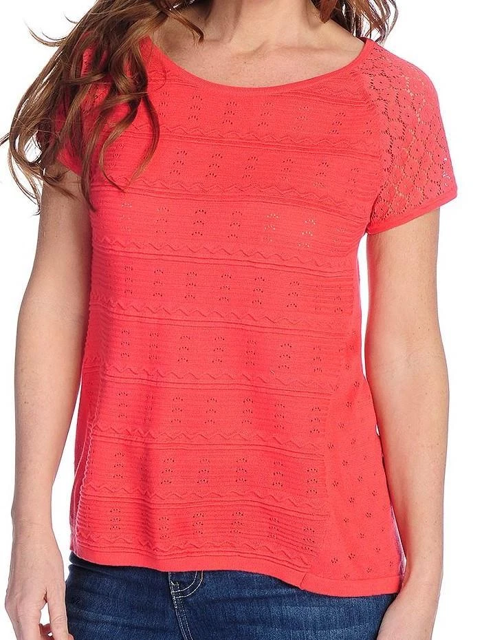 NUEVO - Suéter OSO Informal Texturizado Tejido y Encaje Manga Corta Cuello Redondo Alto-Lo 1X Foto 1 de 1