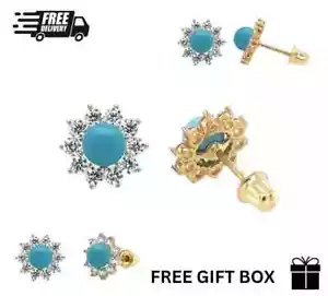 14k Solid Yellow Gold Turquoise Flower Shape Screw Back Stud Earrings Gift - Picture 1 of 7