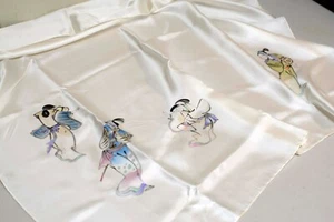 VINTAGE Neiman Marcus Silk Scarf Hand Painted Japanese Musicians Hand Rolled Hem - Picture 1 of 8