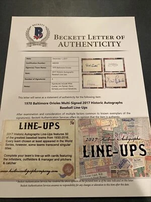 1970 Baltimore Orioles 1/10 2017 Historic Autographs Line Ups - Image 1 of 4