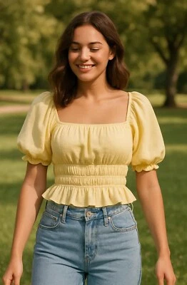 Top para mujer Forever 21 pequeño amarillo mezcla de lino mangas abullonadas babydoll campesino Foto 1 de 4