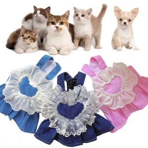 Pet Spring Summer Princess Skirt Dog Cat Lace Love Denim Strap Skirt Clothes ♢ - Picture 1 of 21