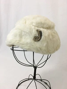 Vtg Womens Off White Faux Fur Hat Winter Bridal Going Away Pearl Bead J Monogram - Picture 1 of 11