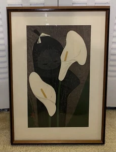 Kaoru Kawano Mädchen mit Lilie japanischer Künstler Mid-Century Modern Holzschnitt Vintage - Bild 1 von 8