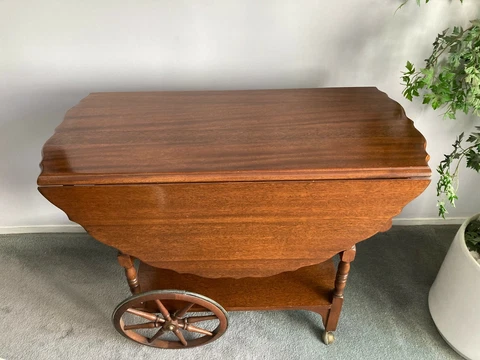 Vintage Antique Imperial Drop Leaf Scalloped Edge Mahogany Tea Cart Made In USA Cover