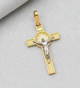 14K Gold Cross Pendant Two Tone Solid Gold Unisex Religious Jewelry - Picture 1 of 6