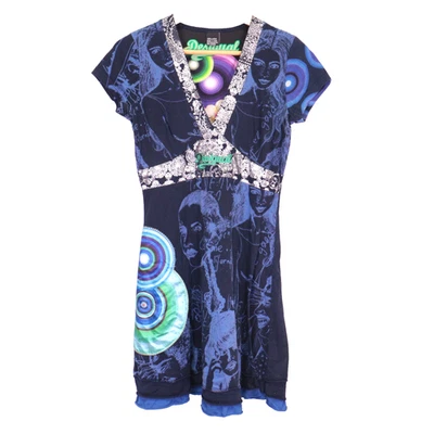 Y2K желательное платье женщин L ЕС средний США смешанные печати синий графический серебро V шеи - Изображение 1 из 4