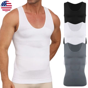 Mens Compression Shirt Slimming Body Shaper Vest Waist Traner Tops Tummy Control - Picture 1 of 14