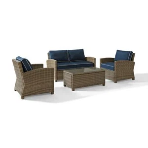 Bradenton 4Pc Outdoor Wicker Conversation Set Navy/Weathered Brown -... - Picture 1 of 12
