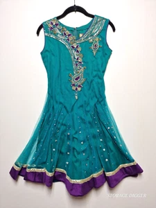 For Kids Fit & Flare Dress Girls 34 Teal Floral Embellished Sheer Rhinestone - Picture 1 of 14