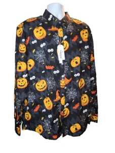 Mens Size XXL Halloween Button Up Long Sleeve Shirt Pumpkins & Bats Regular Fit - Picture 1 of 11