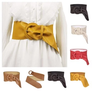 Women Faux Leather Round Pin Buckle Wide Belt Dress Corset Waistband One Size - Picture 1 of 19