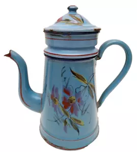 Cafetière en Tôle Emaillée Ancienne Bleu à Décor Floral & Végétal Vintage - Photo 1/9