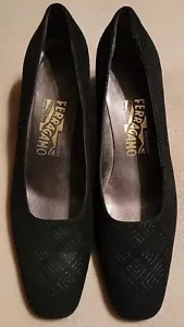 Salvatore Ferragamo Black Suede Geometric Leather Shimmer Pumps Heels Sz 9.5 AA - Picture 1 of 8