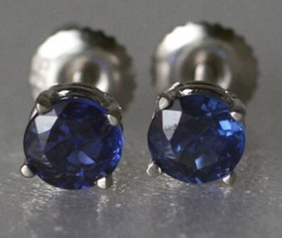 Sapphire Stud Earrings Screw Backs 14K White Gold Genuine 0.88ct Kashmir Blue  - Image 1 of 3