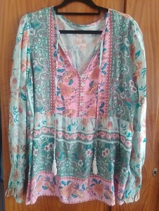 No Tags. Boho Pink, Blue , Green & BROWN , Paisley print smock top. Size 12 - Picture 1 of 3
