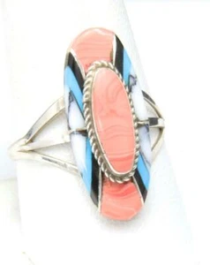 Vintage Zuni Multi Stone Inlay Ring Pink Rhodochrosite Sterling Signed FM Sz 10 - Picture 1 of 6
