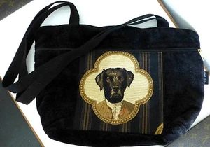 Schultertasche schwarz Labrador Gobelin auf 100 % Baumwolle schwarz distressed Samt - Bild 1 von 5
