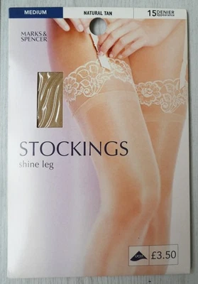 Vintage 2000s Marks & Spencer Shiny/Glossy Lace Top Stockings Natural Tan Medium - Image 1 of 4
