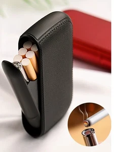 ⚡Funda de cigarrillo de cuero negra con encendedor de tungsteno USB elegante regalo🚬 - Imagen 1 de 5
