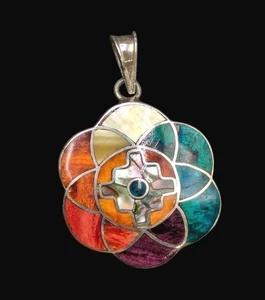 950 Silver Multicolor Stone MOP Shell Inlay Peru Peruvian Pendant for Necklace - Picture 1 of 16