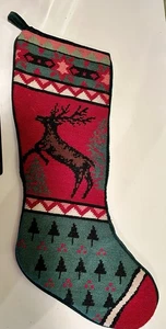 Vintage Needlepoint Christmas Stocking Reindeer Green Velvety Back - Picture 1 of 5