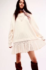 Free People Prairie Sweatshirt Tunic Dress Eyelet Lace Swing Hem Ivory S NEW - Picture 1 of 7