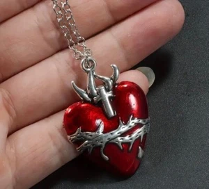 Red Heart with Cross and Thorn Crown Pendant Necklace - Picture 1 of 4