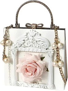 Damen Abend Rose geprägt Handtasche Clutch Crossbody Perle Gold Kette Schultertasche - Bild 1 von 3