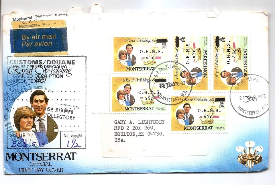 MONTSERRAT Royal Wedding Official OHMS Cover + Customs Scott O57 x 5 Used - Image 1 of 1