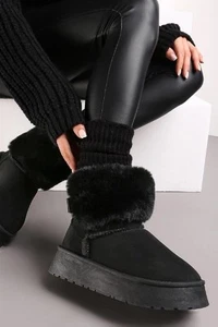 Lavish Lines Black Faux Fur Lined Chunky Platform Bow Detailed Ankle Boots - Picture 1 of 2